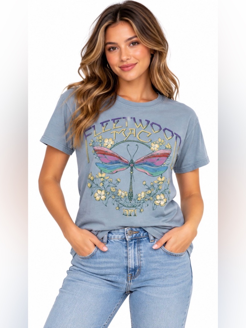 Letluv Fleetwood Mac Graphic Floral Tee in Blue Size Small